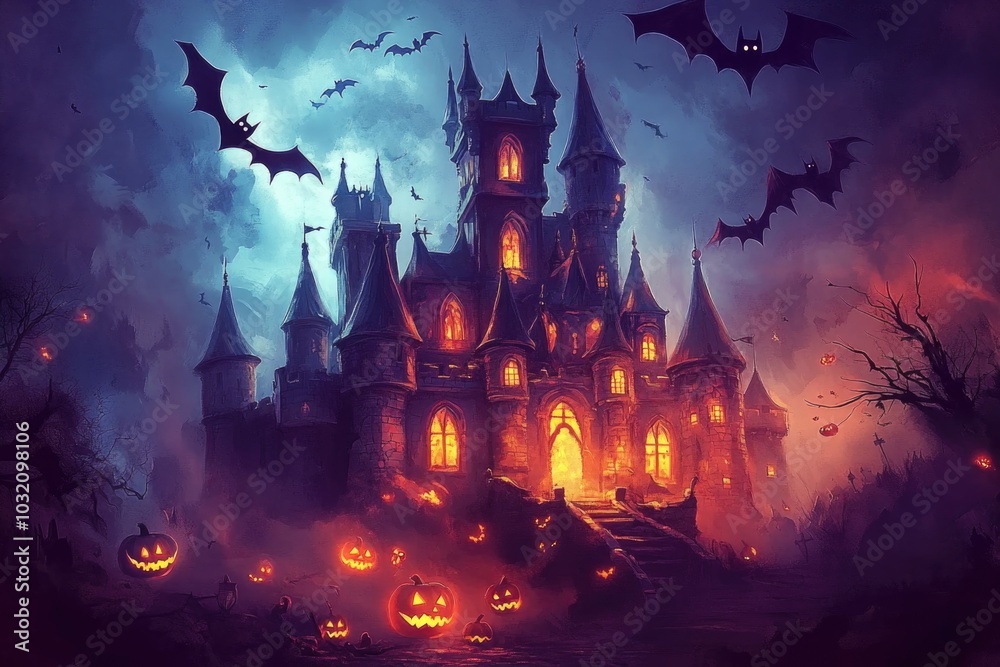 A medieval-style castle surrounded by bats and pumpkins, illuminated by a full moon A medieval-style castle surrounded by bats and pumpkins, illuminated by a full moon