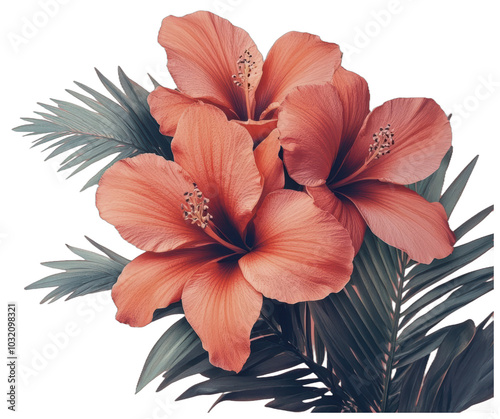 A trio of delicate tropical flowers with green foliage