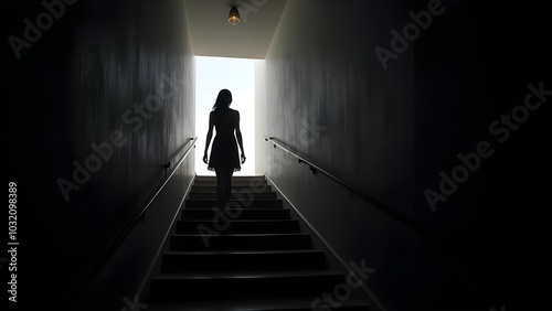 dark staircase with a bright spot light at the top with a silhouette of woman