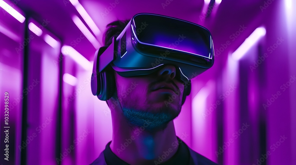 A woman wearing a virtual reality headset is looking at a computer screen with a purple background. Concept of futuristic technology and immersion, as the woman is in a virtual world A woman wearing a virtual reality headset is looking at a computer screen with a purple background. Concept of futuristic technology and immersion, as the woman is in a virtual world
