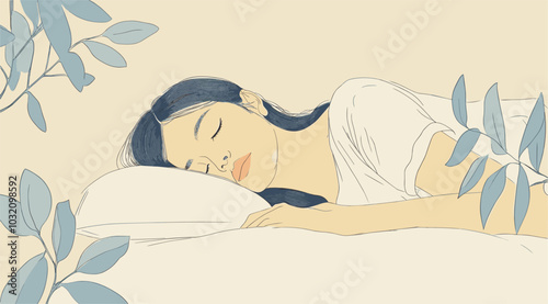 vector drawing girl sleeping hand under pillow .Generative AI