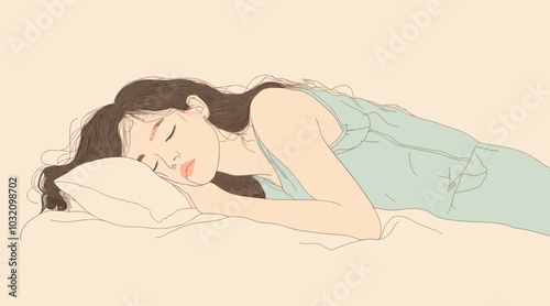 vector drawing girl sleeping hand under pillow .Generative AI