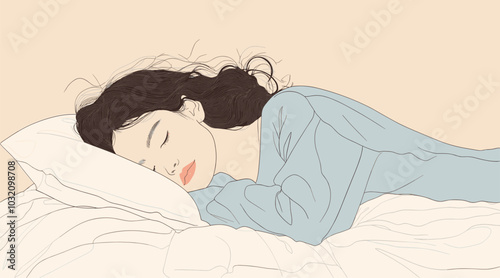 vector drawing girl sleeping hand under pillow .Generative AI