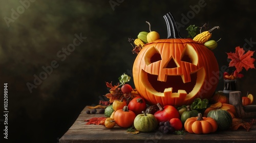 A Halloween pumpkin centerpiece made of carved fruit and veggies with exaggerated, funny features, arranged on a rustic table. There??s a clean space on the right side, perfect for text. photo