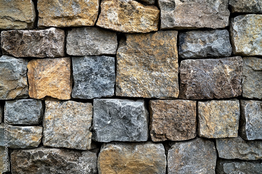 A Close-Up View of a Stone Wall Constructed with Rough, Irregularly Shaped Stones A Close-Up View of a Stone Wall Constructed with Rough, Irregularly Shaped Stones