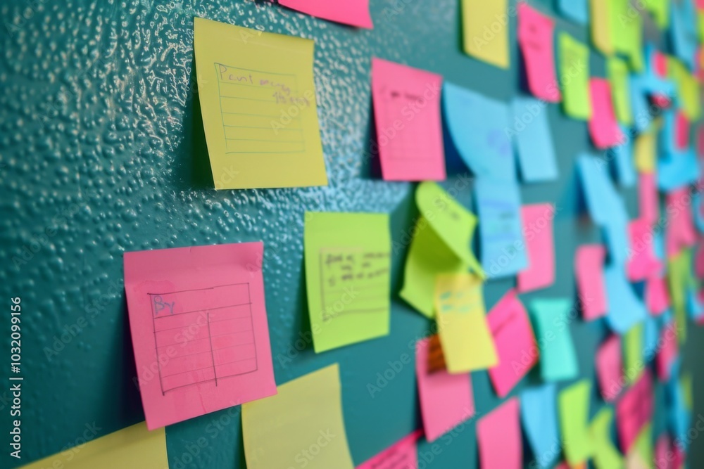 Post it notes on the wall with IT meeting in background Post it notes on the wall with IT meeting in background