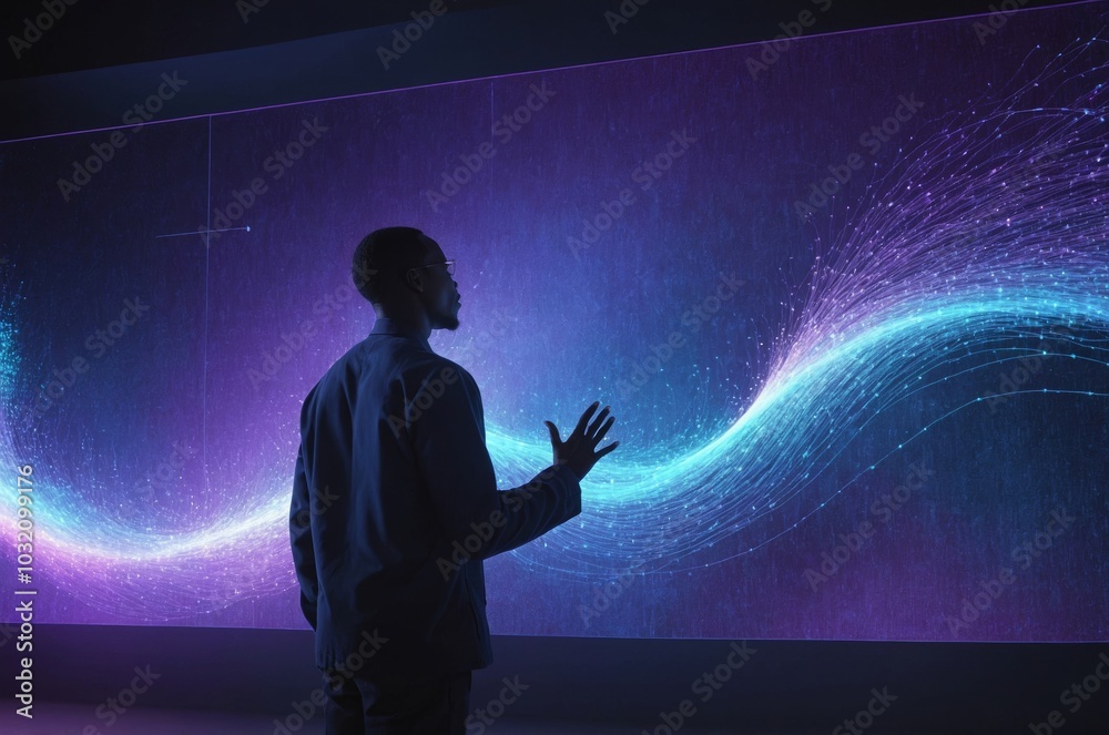 Silhouette of African American man reaching towards abstract digital data visualization Silhouette of African American man reaching towards abstract digital data visualization