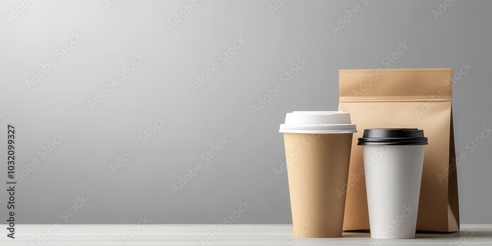Two coffee cups with a takeaway bag on a clean surface against a minimalist background, perfect for cafe or food-related themes. Two coffee cups with a takeaway bag on a clean surface against a minimalist background, perfect for cafe or food-related themes.
