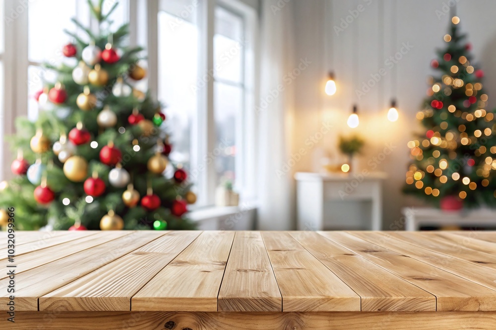 Wooden top with blurred empty Christmas themed room background can be used for mocking up or display product to make advertising Wooden top with blurred empty Christmas themed room background can be used for mocking up or display product to make advertising