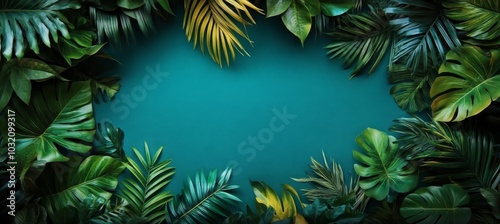 Wallpaper Mural Tropical Jungle Leaves Frame on Rich Green Background, Lush Foliage Nature Background Torontodigital.ca