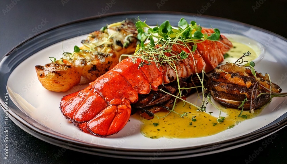 A luxurious Surf and Turf dish featuring a perfectly grilled lobster tail and a medium-rare filet mignon, plated with a rich garlic herb butter sauce, garnished with microgreens A luxurious Surf and Turf dish featuring a perfectly grilled lobster tail and a medium-rare filet mignon, plated with a rich garlic herb butter sauce, garnished with microgreens