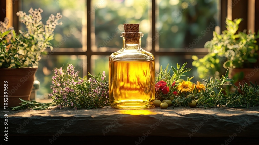 A glass bottle of golden oil sits on a windowsill surrounded by fresh herbs and olives. The sunlight shines through the window, highlighting the oil. A glass bottle of golden oil sits on a windowsill surrounded by fresh herbs and olives. The sunlight shines through the window, highlighting the oil.