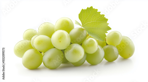 Fresh green grapes with vibrant leaf, showcasing their juicy texture and natural appeal. Perfect for healthy snacking or adding to fruit salads.