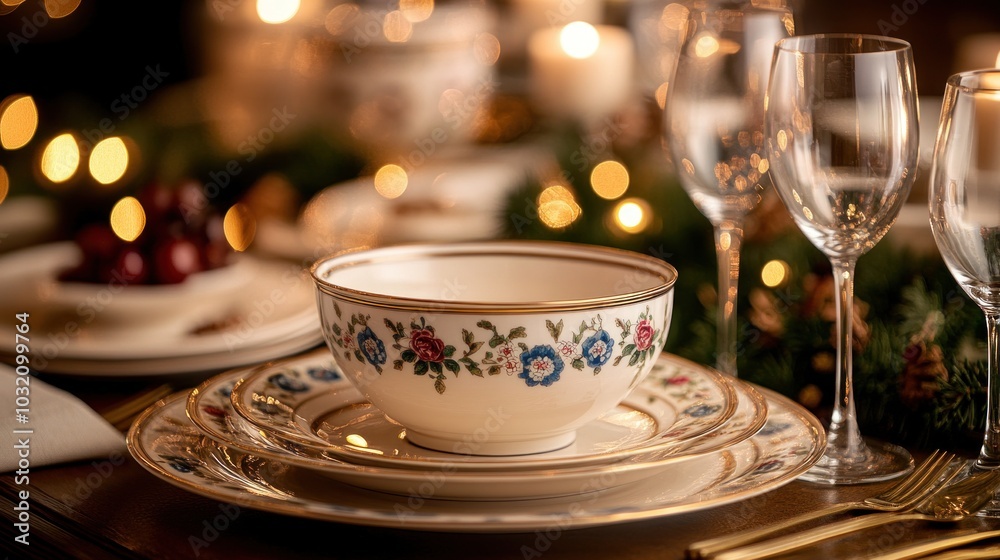 Closeup of a beautifully set table with floral patterned dinnerware, gold trim, and wine glasses. There are red berries in the background.