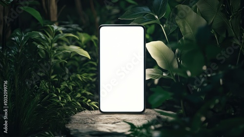 A smartphone's bright light in a dense green jungle