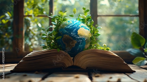 Stunning 3D illustration for World Book Day featuring a large open book with a vibrant globe and lush green trees growing from its pages symbolizing knowledge and environmental harmony photo