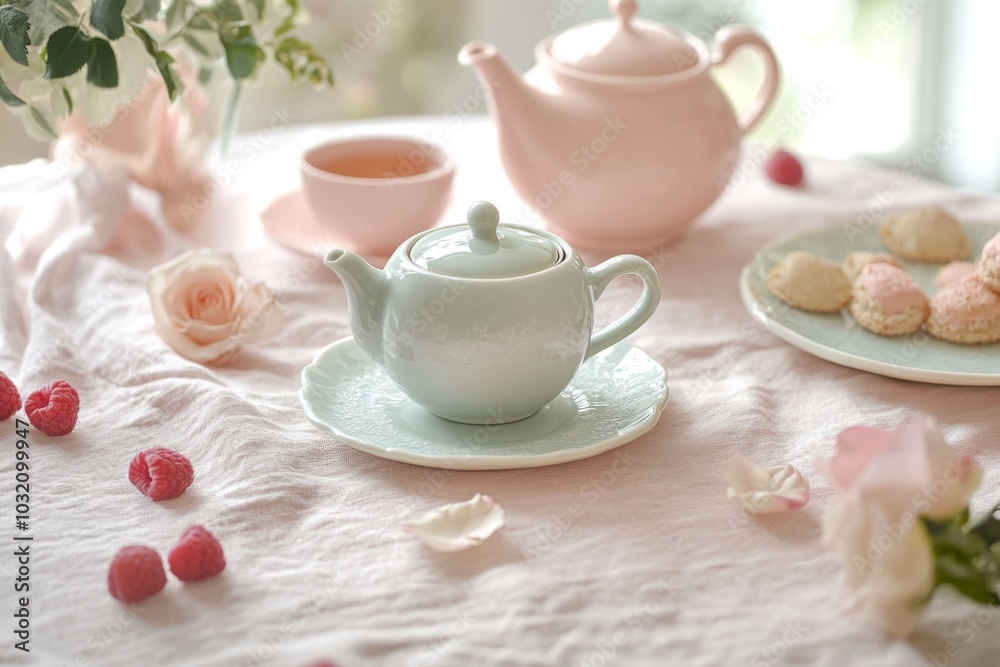 A serene tea setting with pastel colors. The scene features a mint green teapot and a soft pink teacup. Perfect for cozy moments or stylish gatherings. Generative AI A serene tea setting with pastel colors. The scene features a mint green teapot and a soft pink teacup. Perfect for cozy moments or stylish gatherings. Generative AI