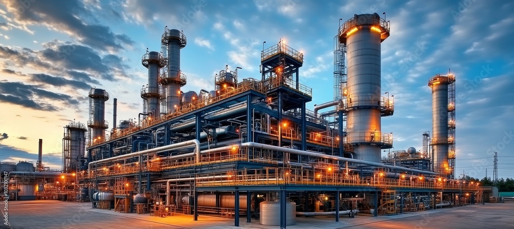 Industrial Plant, Oil Refinery or Chemical Factory at Twilight, Manufacturing and Energy Industry Industrial Plant, Oil Refinery or Chemical Factory at Twilight, Manufacturing and Energy Industry