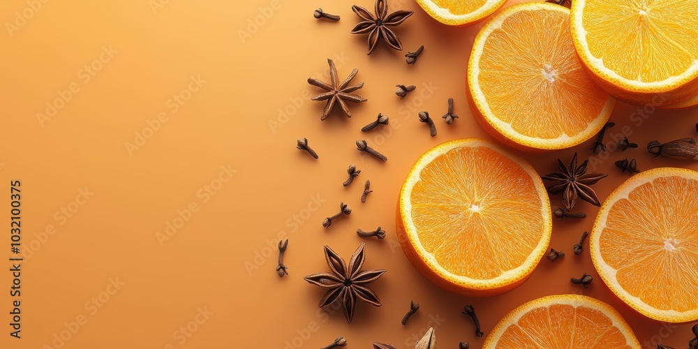 Vibrant orange slices with spices on a warm background, perfect for culinary themes and seasonal decor inspiration. Vibrant orange slices with spices on a warm background, perfect for culinary themes and seasonal decor inspiration.