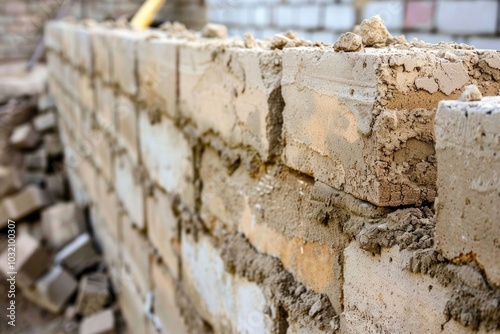 A hammer stuck in a brick wall, possibly used for construction or renovation photo