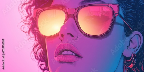 Vibrant portrait of a stylish woman with sunglasses, featuring a colorful neon glow that highlights her unique beauty.