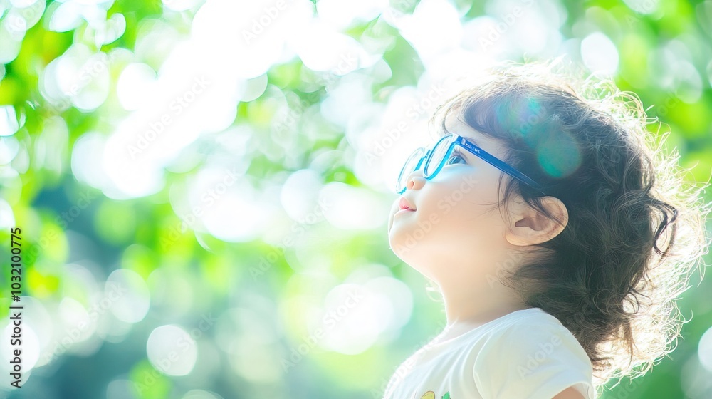 Young child wearing blue glasses focusing on distant tree outside window, symbolizing myopia prevention and importance of outdoor activities. Young child wearing blue glasses focusing on distant tree outside window, symbolizing myopia prevention and importance of outdoor activities.