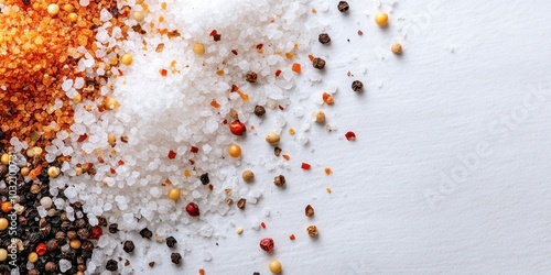 Fototapeta Naklejka Na Ścianę i Meble -  A beautiful assortment of various salts and spices spread on a white surface, adding texture and color to culinary creations.