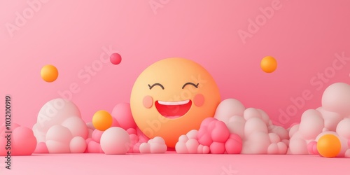 A cheerful cartoon sun surrounded by colorful clouds and bubbles creates a joyful and playful atmosphere in a pink background. photo