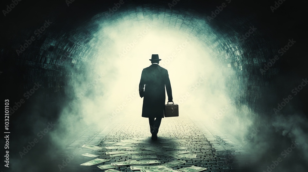 Mysterious figure in shadows, holding a briefcase filled with illicit cash, hinting at secretive financial transactions