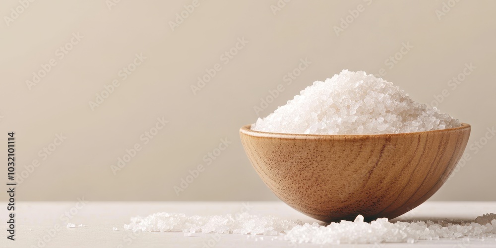 A close-up view of a wooden bowl filled with salt, showcasing its texture and color on a minimalist background. A close-up view of a wooden bowl filled with salt, showcasing its texture and color on a minimalist background.
