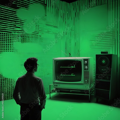 Retro 1970s tv, a man with a vintage television with a glitches, noise, interference, green screen photo