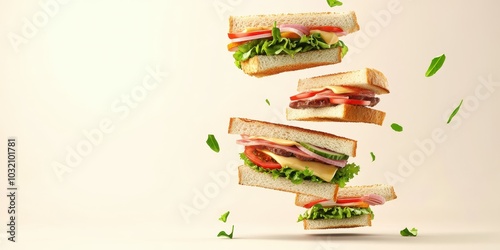 A creative display of floating sandwiches with fresh ingredients, perfect for food photography and culinary visuals. photo