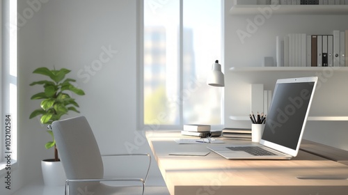 Virtual office scene featuring a well-organized bookcase, modern desk, and professional decor, ideal for remote work environments and online meetings. photo