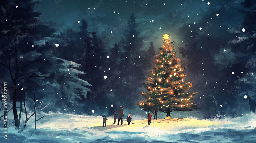 Family decorating a Christmas tree outdoors in the snow, watercolor illustration Family decorating a Christmas tree outdoors in the snow, watercolor illustration