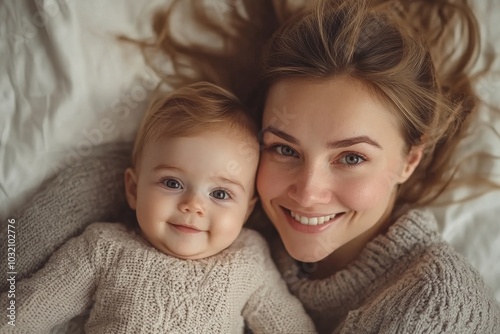 Happy young european mother lying and playing with her infant baby son or daughter on bed, kid looking and smiling at camera, top view, Generative AI