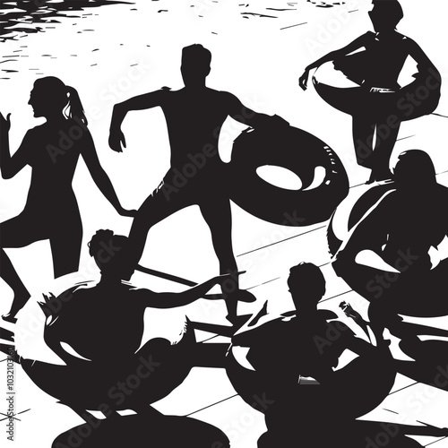 Black silhouettes of swimmers on a white background