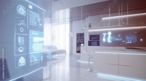 Futuristic Smart Home Interior with Holographic Interface