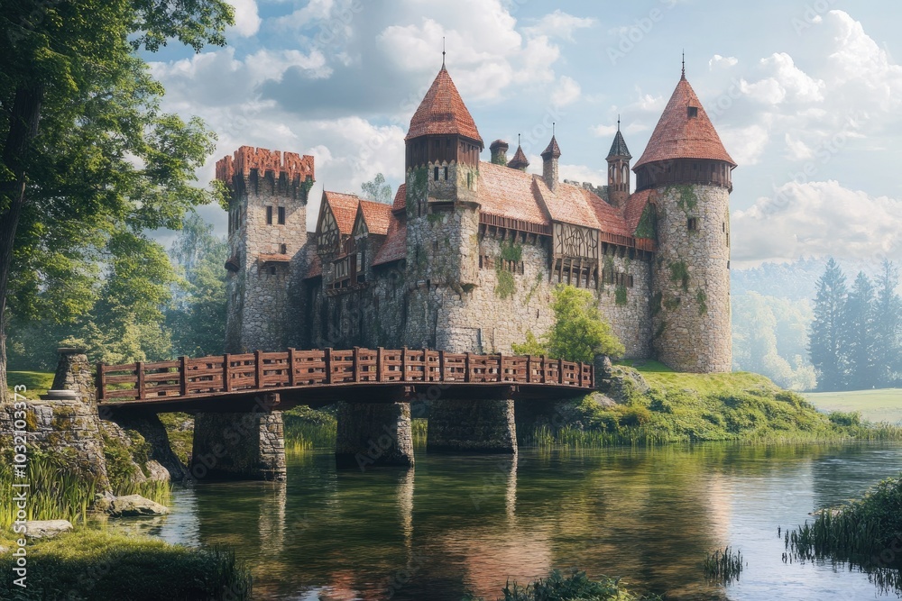 Scenic Castle with Bridge Surrounded by Nature Scenic Castle with Bridge Surrounded by Nature