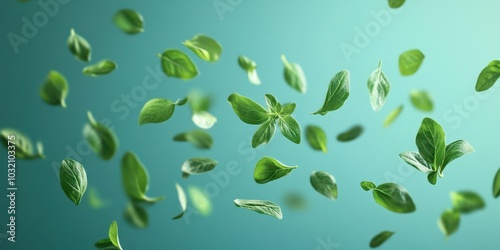 A serene composition of floating green leaves against a soft blue background, evoking nature and tranquility.