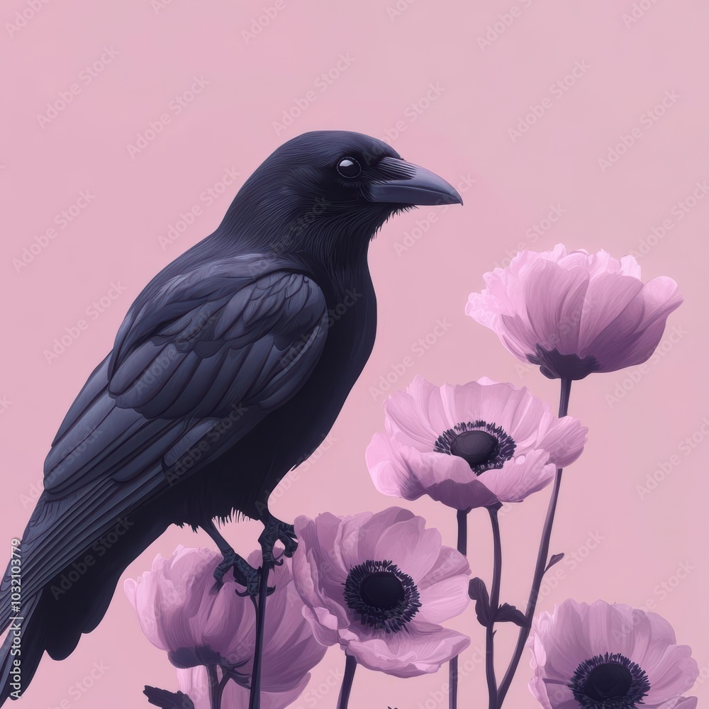 Fototapeta premium A solitary crow perched atop delicate blooms