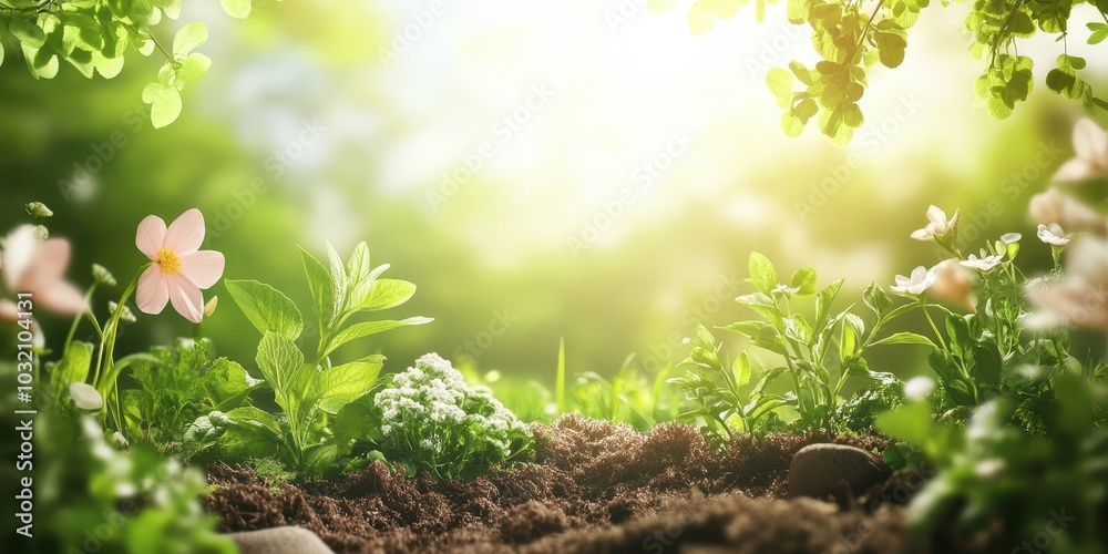A serene view of a sunlit garden with blooming flowers and rich soil, embodying the beauty of nature and growth. A serene view of a sunlit garden with blooming flowers and rich soil, embodying the beauty of nature and growth.