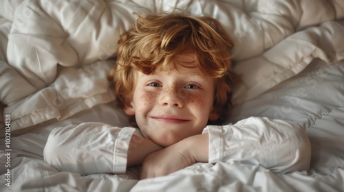 A young boy relaxing in bed with white sheets