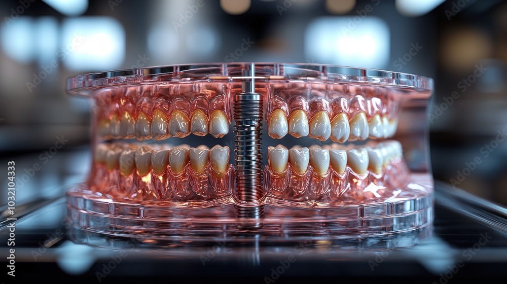 A close-up of a dental model with a dental implant, showcasing the process of implant placement. A close-up of a dental model with a dental implant, showcasing the process of implant placement.