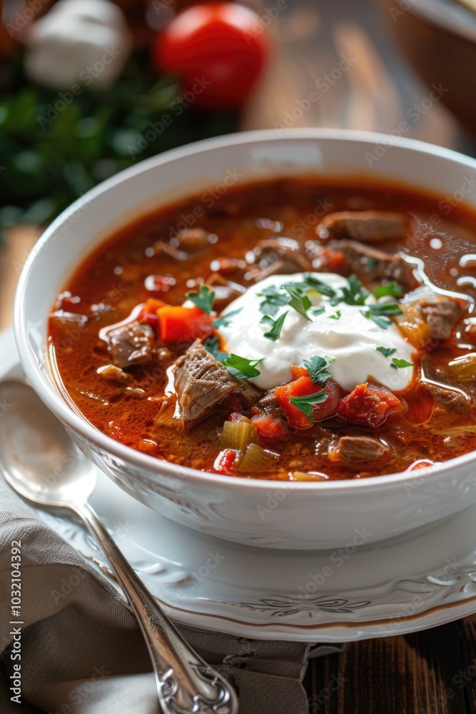 A bowl of hot beef and vegetable soup topped with a dollop of sour cream A bowl of hot beef and vegetable soup topped with a dollop of sour cream