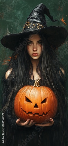 Witch Girl and Pumpkin Mysterious Halloween Portrait Theme image Neo Art HD Print v3