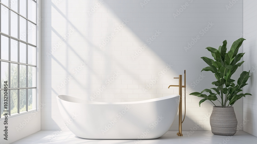 Luxurious minimalist bathroom with white tiles, gold fixtures, and natural light flooding in Luxurious minimalist bathroom with white tiles, gold fixtures, and natural light flooding in