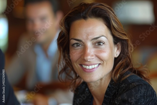 A woman sits at a table with a man in the background, possibly discussing something