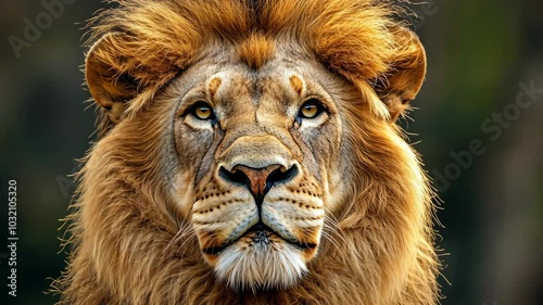 A majestic lion stares intently at the camera, his golden mane and piercing gaze commanding attention