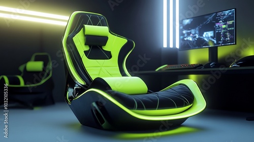 A modern green and black gaming chair with neon lights in a dark room. photo