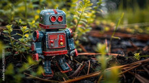 A toy robot sits amidst trees and foliage in a serene forest setting